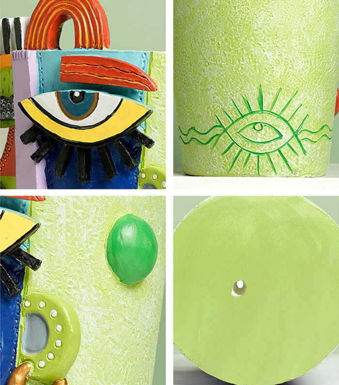 Hand-Painted Resin Face Planter with Multi-Panel Details - Vibrant Yellow, Blue, Red & Green Geometric Patterns for Succulents. Abstract Pop Art Decor with Eye Motifs, Bird Beak Shapes and Drainage Hole.